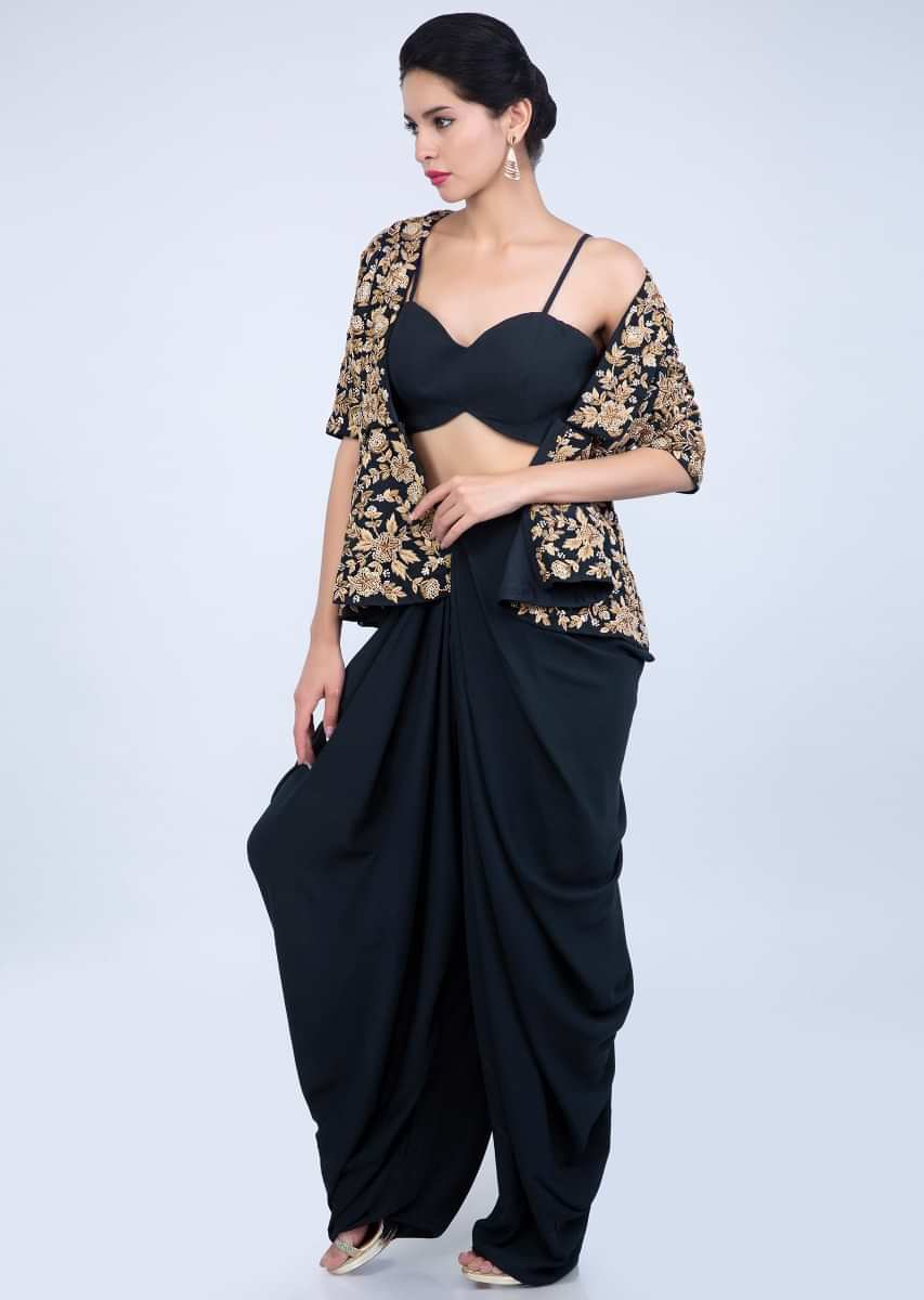 Navy Blue Dhoti And Bustier In Georgette Paired With Peplum Style Heavy Embroidered Jacket Online - Kalki Fashion