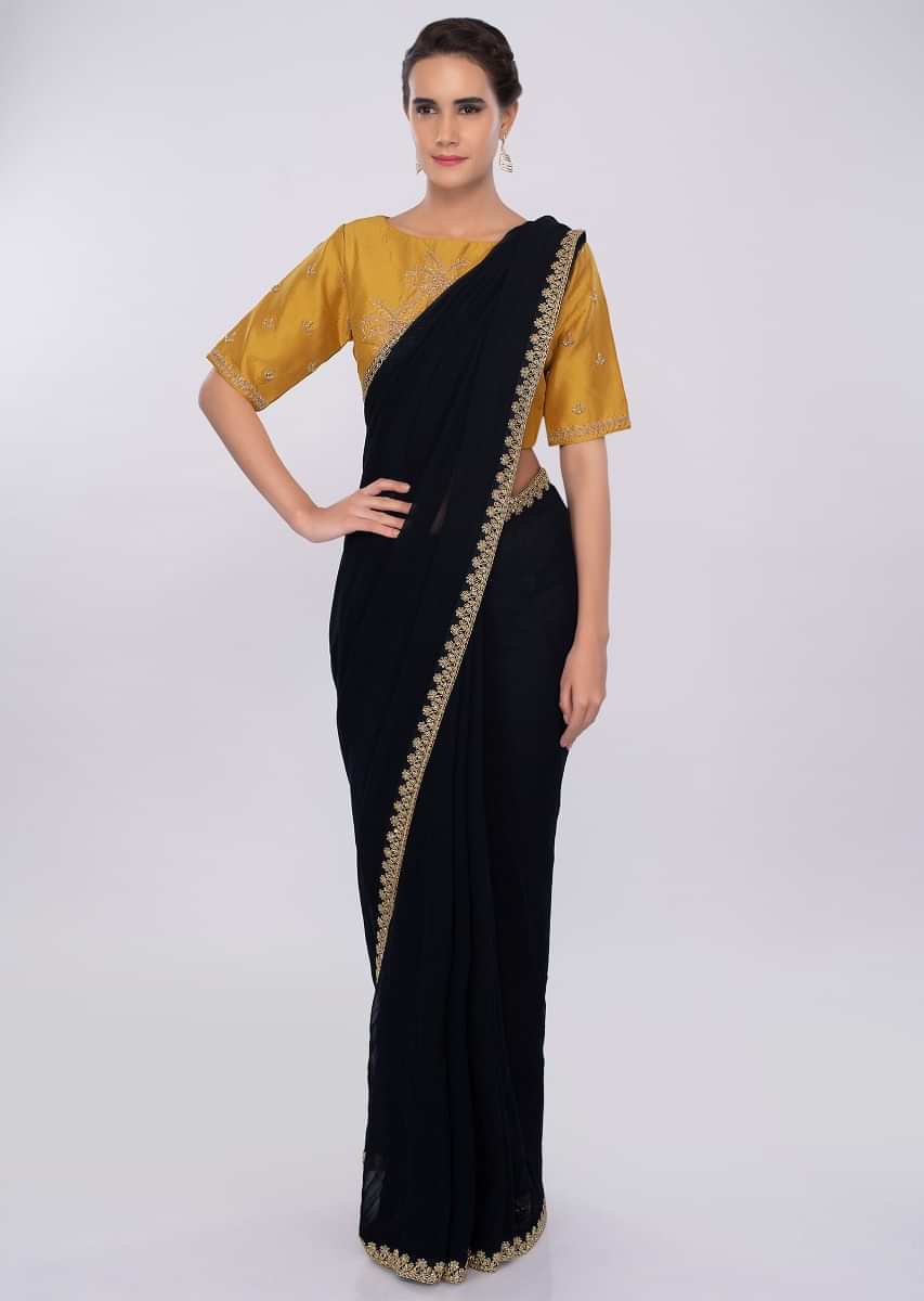 Navy Blue Saree In Georgette With Contrasting Mustard Blouse Online - Kalki Fashion