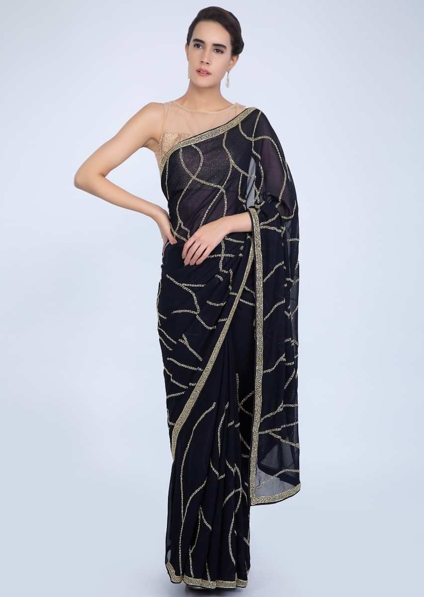 Navy blue georgette saree with heavy cut dana jaal embroidery only on Kalki