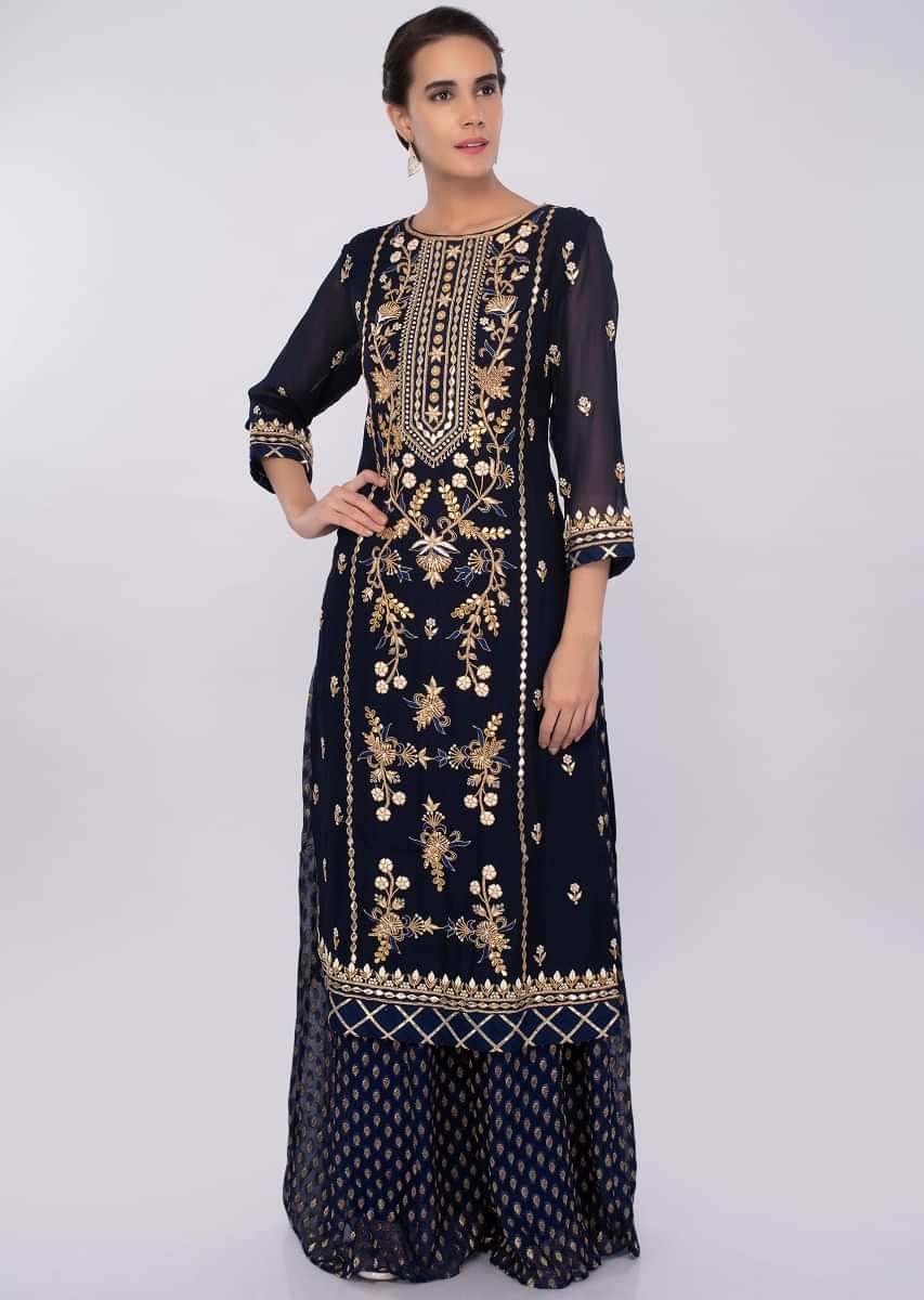 Navy Blue Sharara Suit Set In Georgette With Embroidery And Butti Online - Kalki Fashion