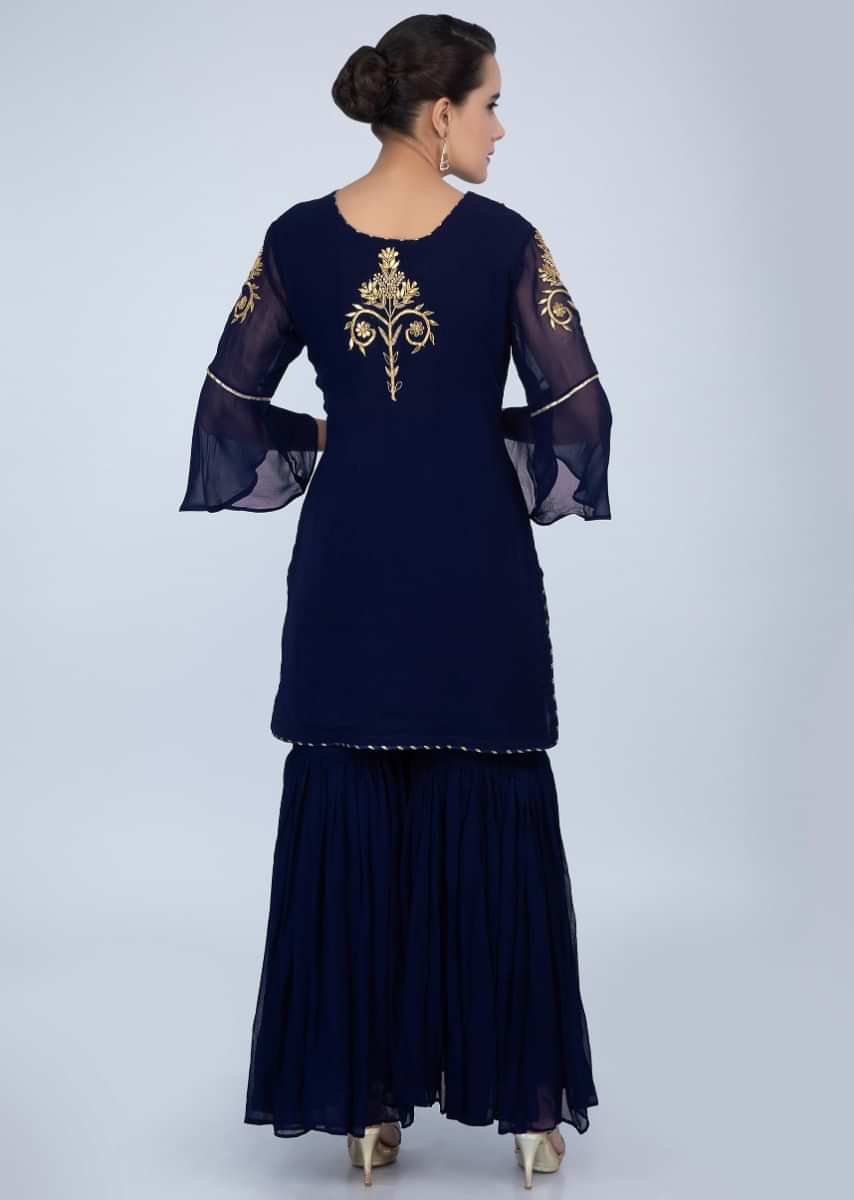 Navy Blue Sharara Suit Set In Georgette With Front Panel Embroidery Online - Kalki Fashion