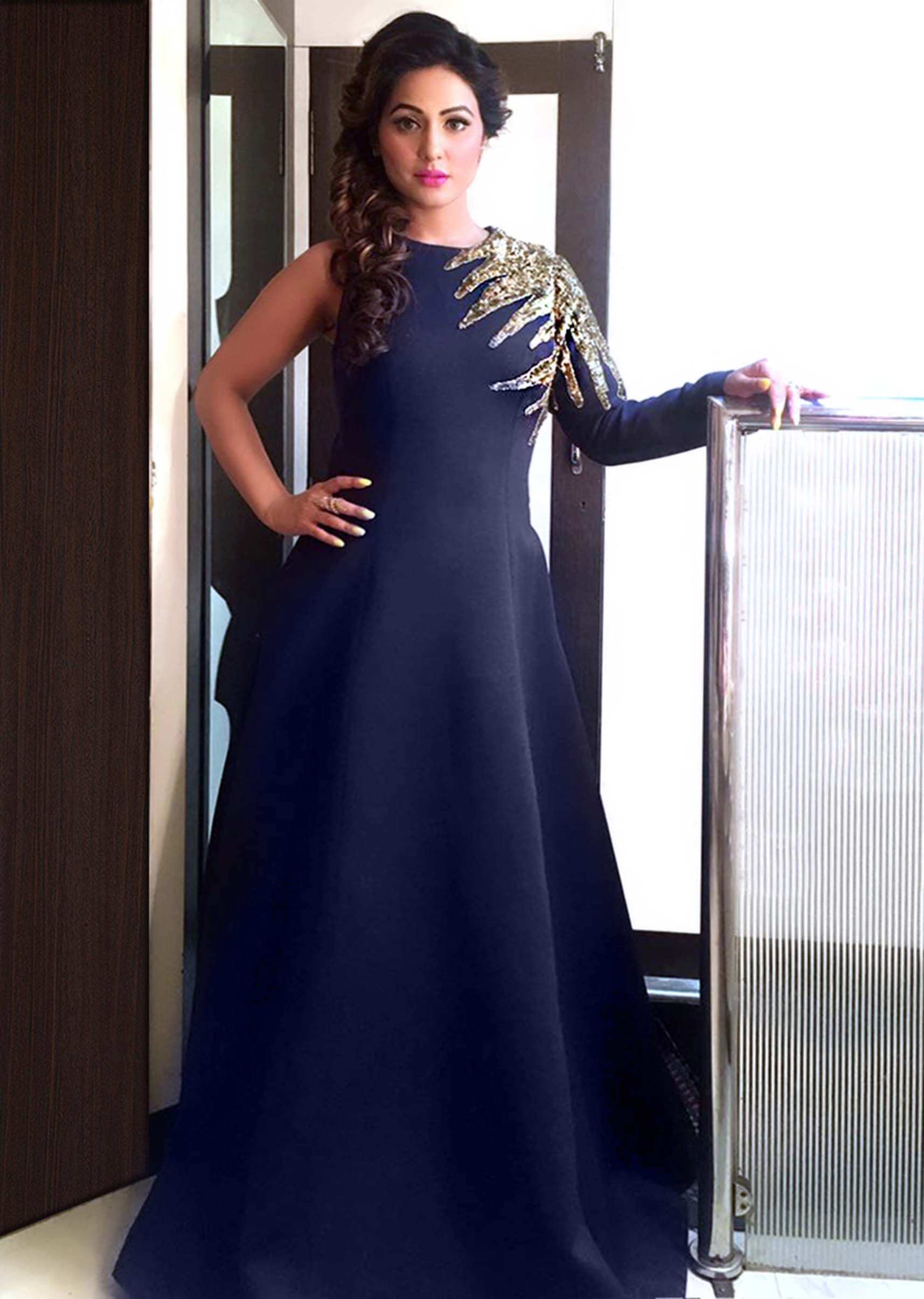 Hina Khan in kalki navy blue gown in sequin embroidered yoke