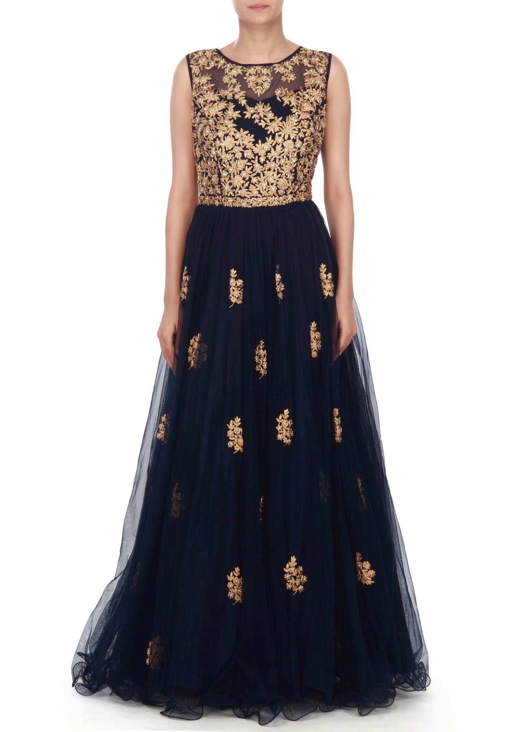 Navy blue gown in embossed zari and kundan embroidery only on Kalki