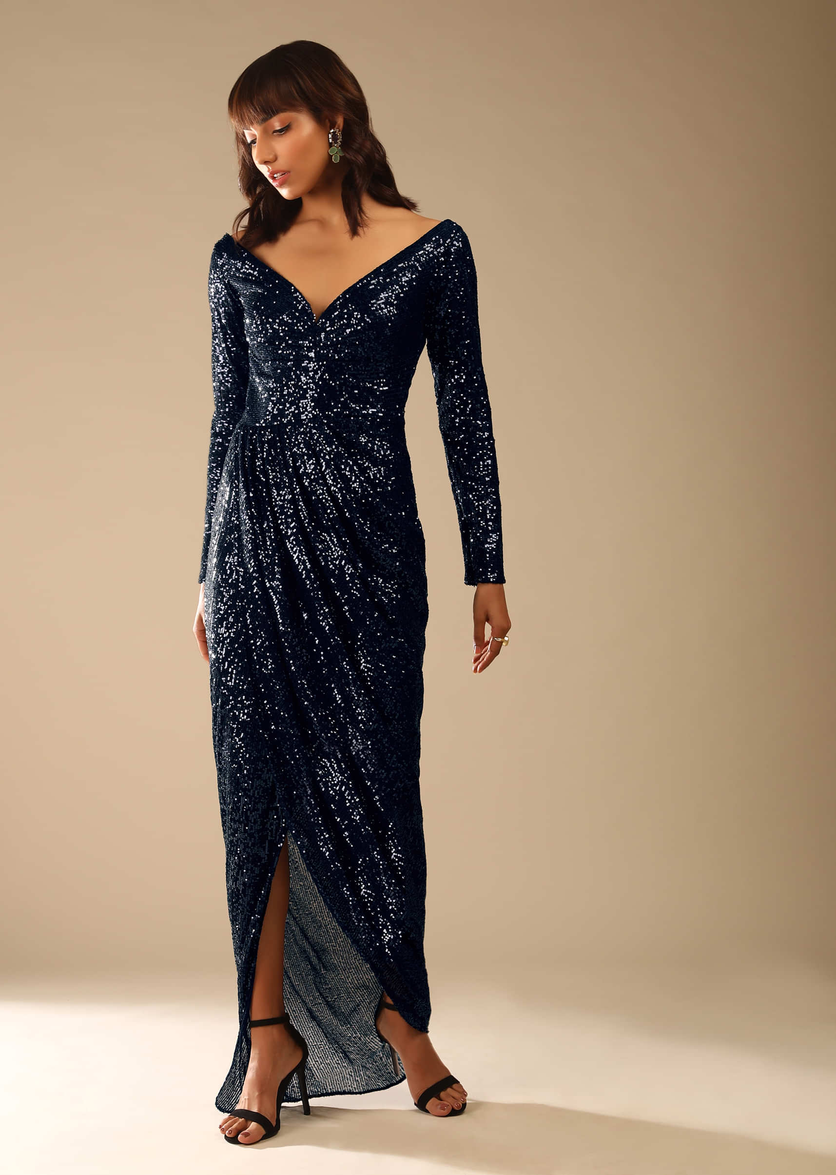 Navy Blue Gown Embellished In Sequins With Plunging Neckline And Cowl Draped Overlapping Slit