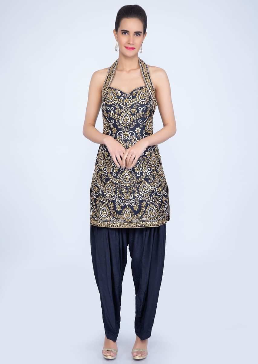 Navy Blue Halter Neck Suit With Jaal Embroidery And Matching Salwar And Net Dupatta Online - Kalki Fashion