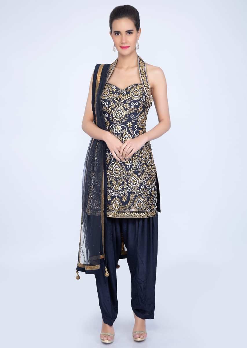 Buy Navy Blue Halter Neck Suit With Jaal Embroidery And Matching Salwar ...