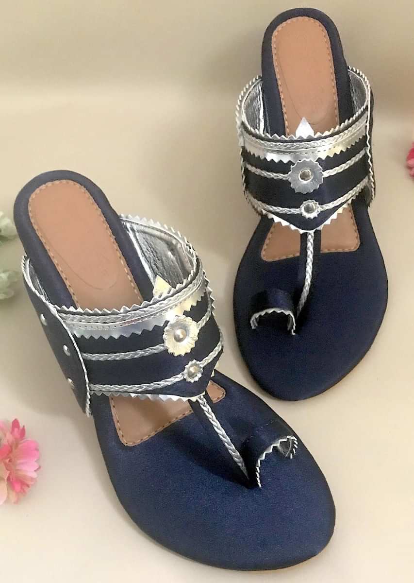 Navy Blue Kolhapuri Heels In Satin With Gold Braiding And Button Details By Sole House