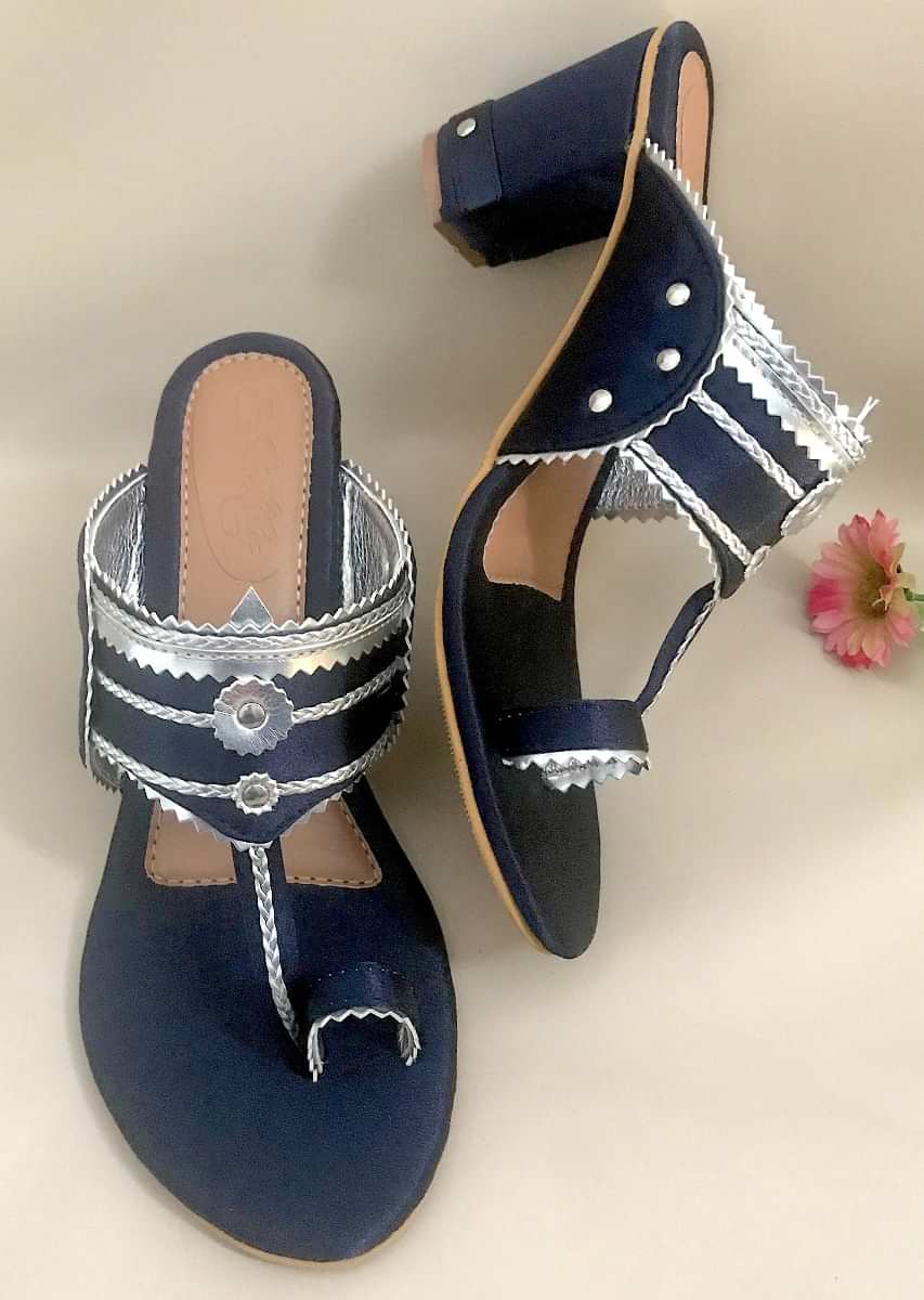 Navy Blue Kolhapuri Heels In Satin With Gold Braiding And Button Details By Sole House