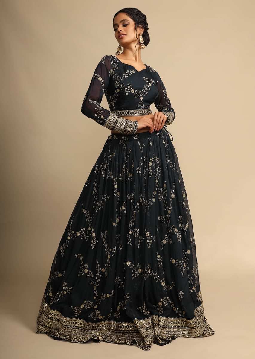 Navy Blue Lehenga And Crop Top With Zari Embroidered Floral Jaal And A Powder Blue Dupatta 