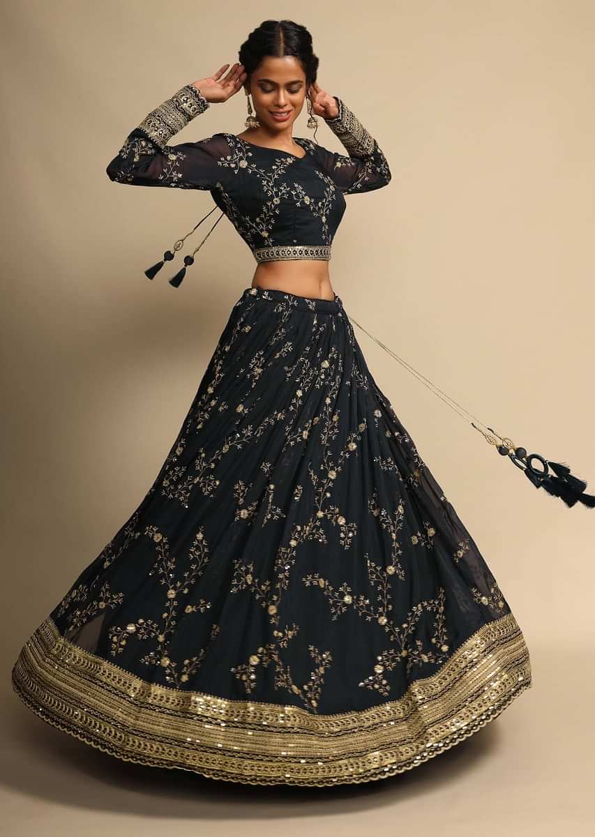 Navy Blue Lehenga And Crop Top With Zari Embroidered Floral Jaal And A Powder Blue Dupatta 