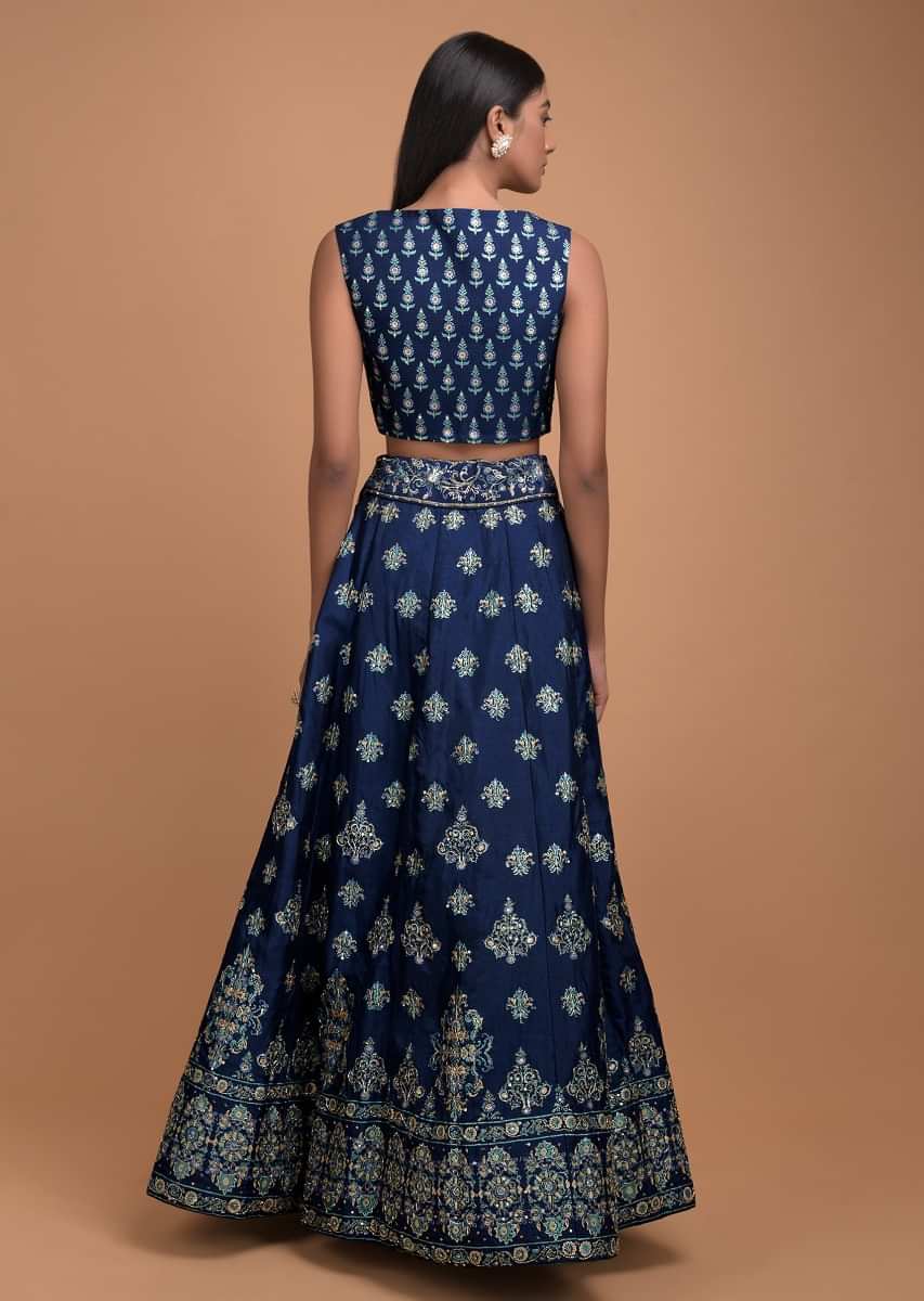 Buy Navy Blue Lehenga Choli In Silk With Foil Printed Buttis And ...