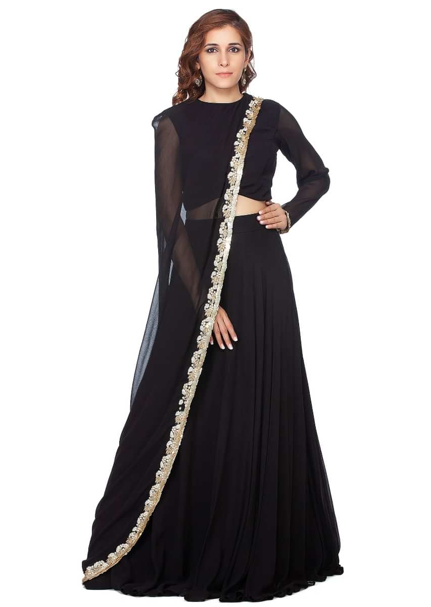 Black Lehenga In Georgette With Fancy Attached Cape In Moti Embroidered Border Online - Kalki Fashion