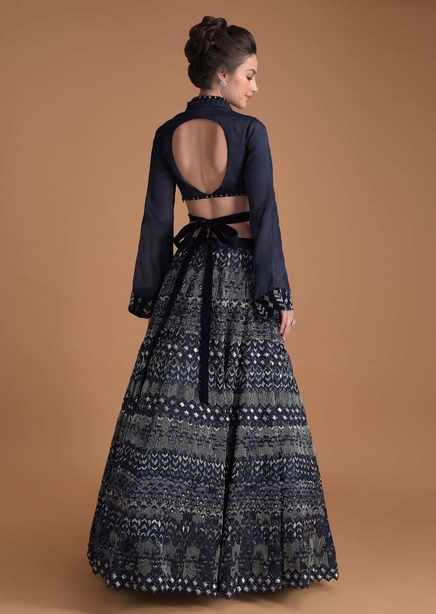 Organic Blue Lehenga In Hand Embellished Milano Satin With Bell Sleeves Blouse 