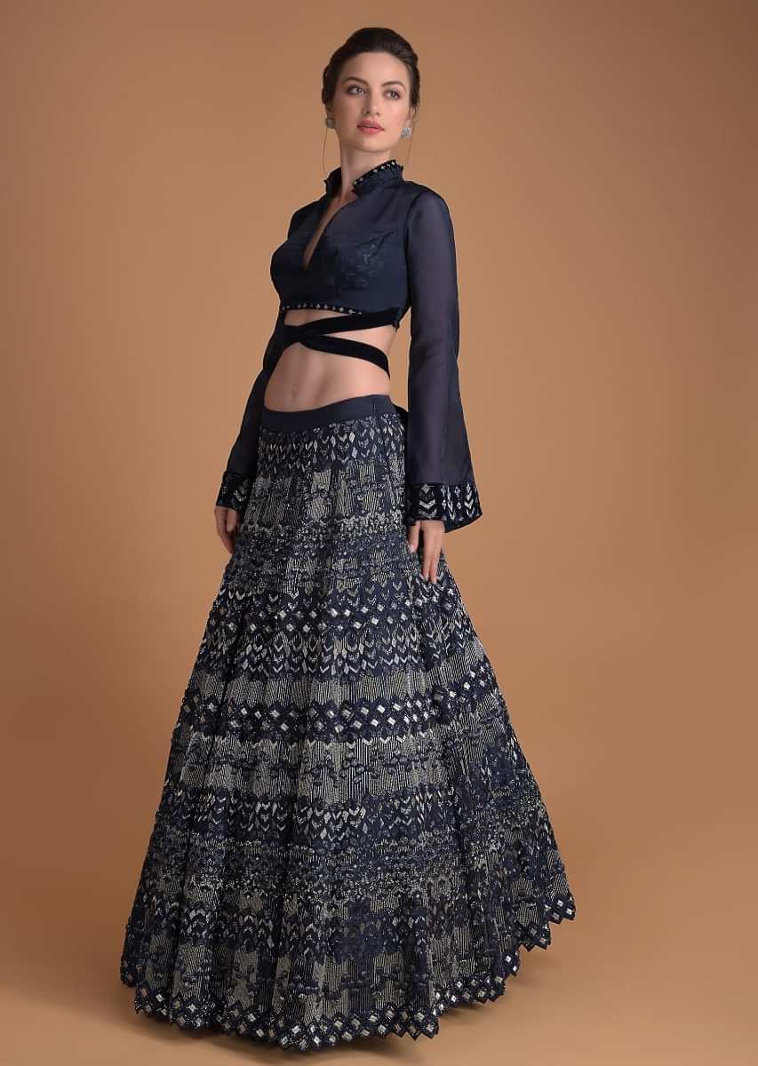 Buy Organic Blue Lehenga In Hand Embellished Milano Satin With Bell ...