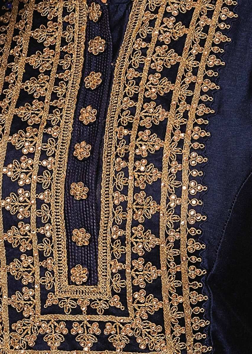 Navy blue lehenga set featuring in raw silk with kundan and cod embroidery