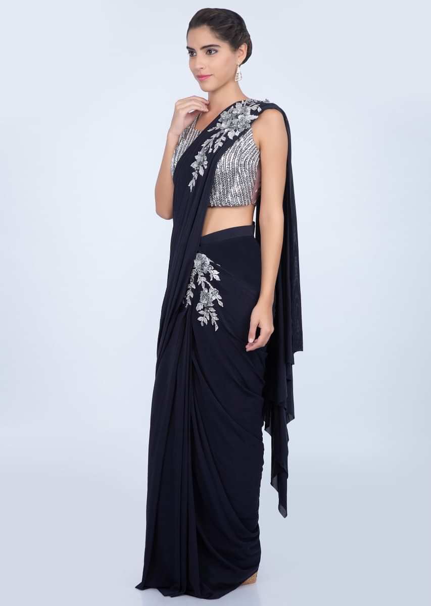 Navy blue lycra net ready pleated saree with applique waist and pallo only on kalki