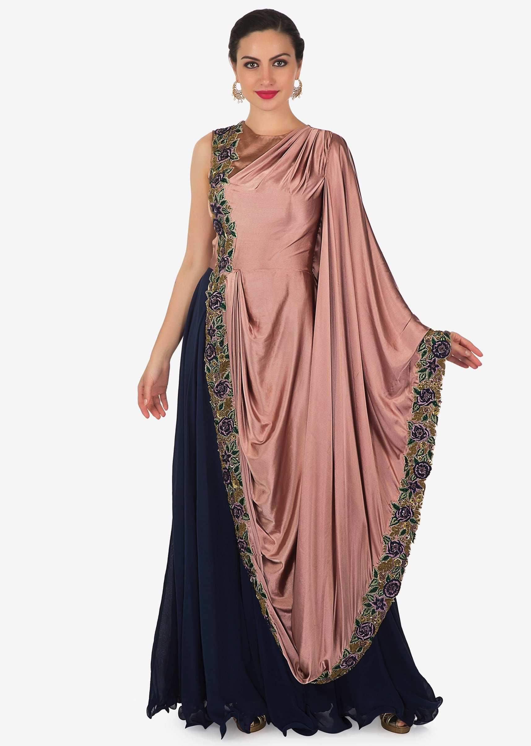 Navy Blue Mauve Satin and Chiffon Gown Featuring Resham Handwork Only on Kalki