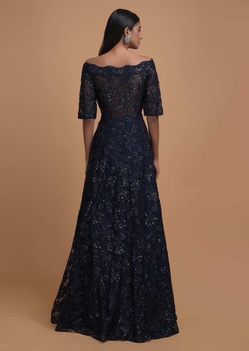 Navy Blue Off Shoulder Gown Adorn In Embossed Thread And Sequin Embroidery Online - Kalki Fashion