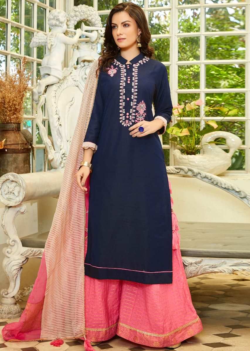 Navy Blue Palazzo Suit In Resham And Moti Embroidery Online - Kalki Fashion