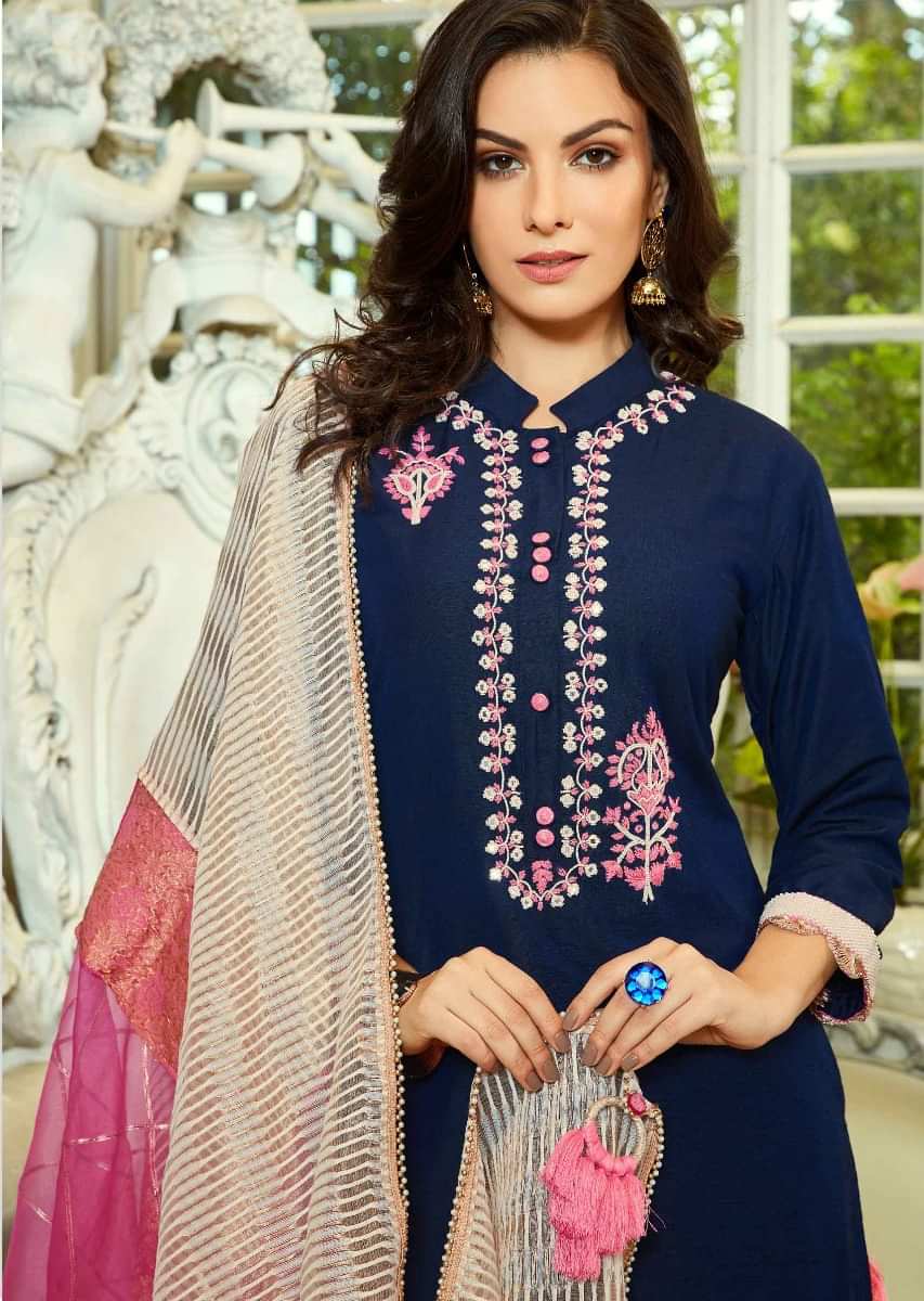 Navy Blue Palazzo Suit In Resham And Moti Embroidery Online - Kalki Fashion