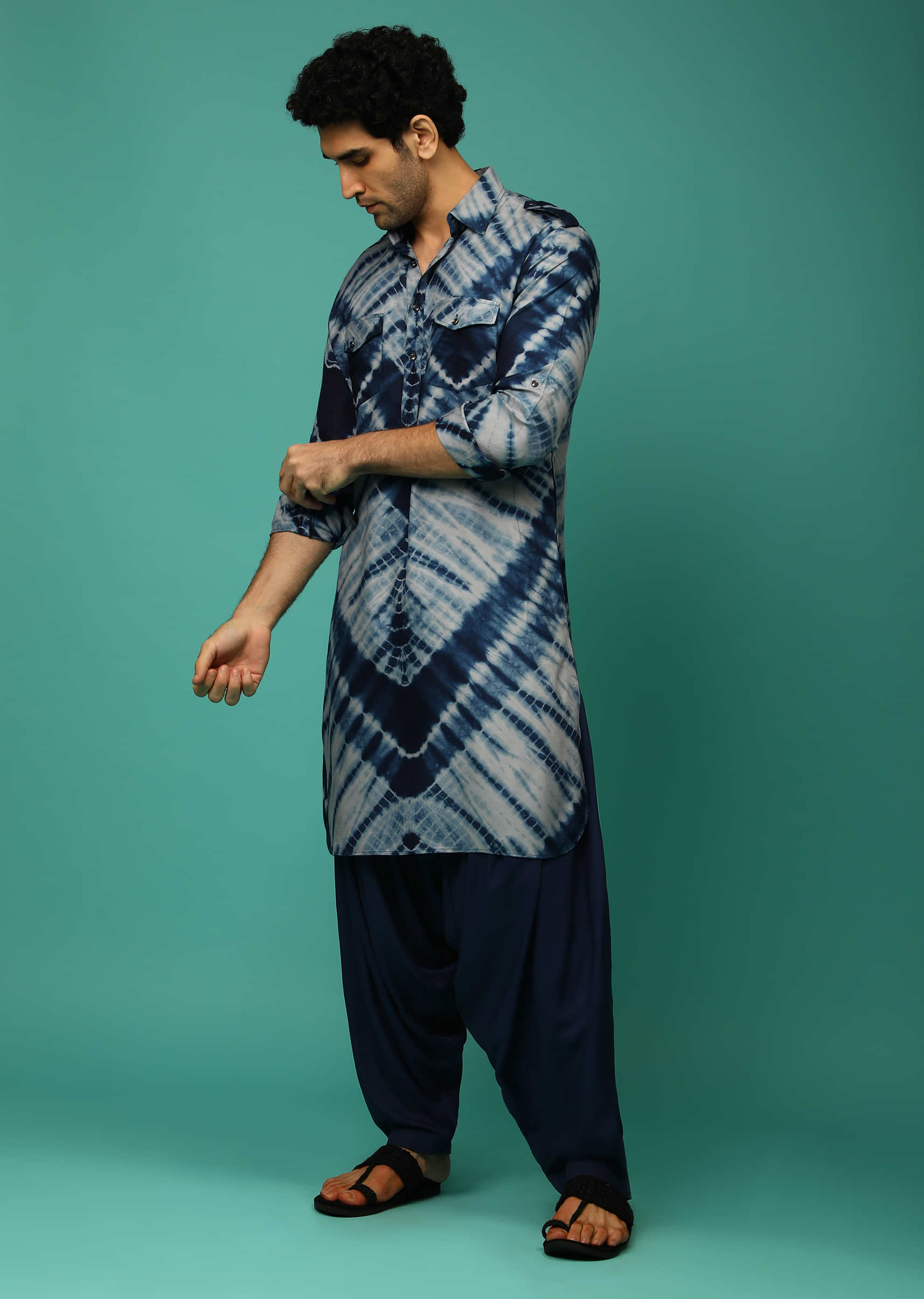 Navy Blue Patiala Suit With Tie Dye Print And Pocket Detailing Online - Kalki Fashion