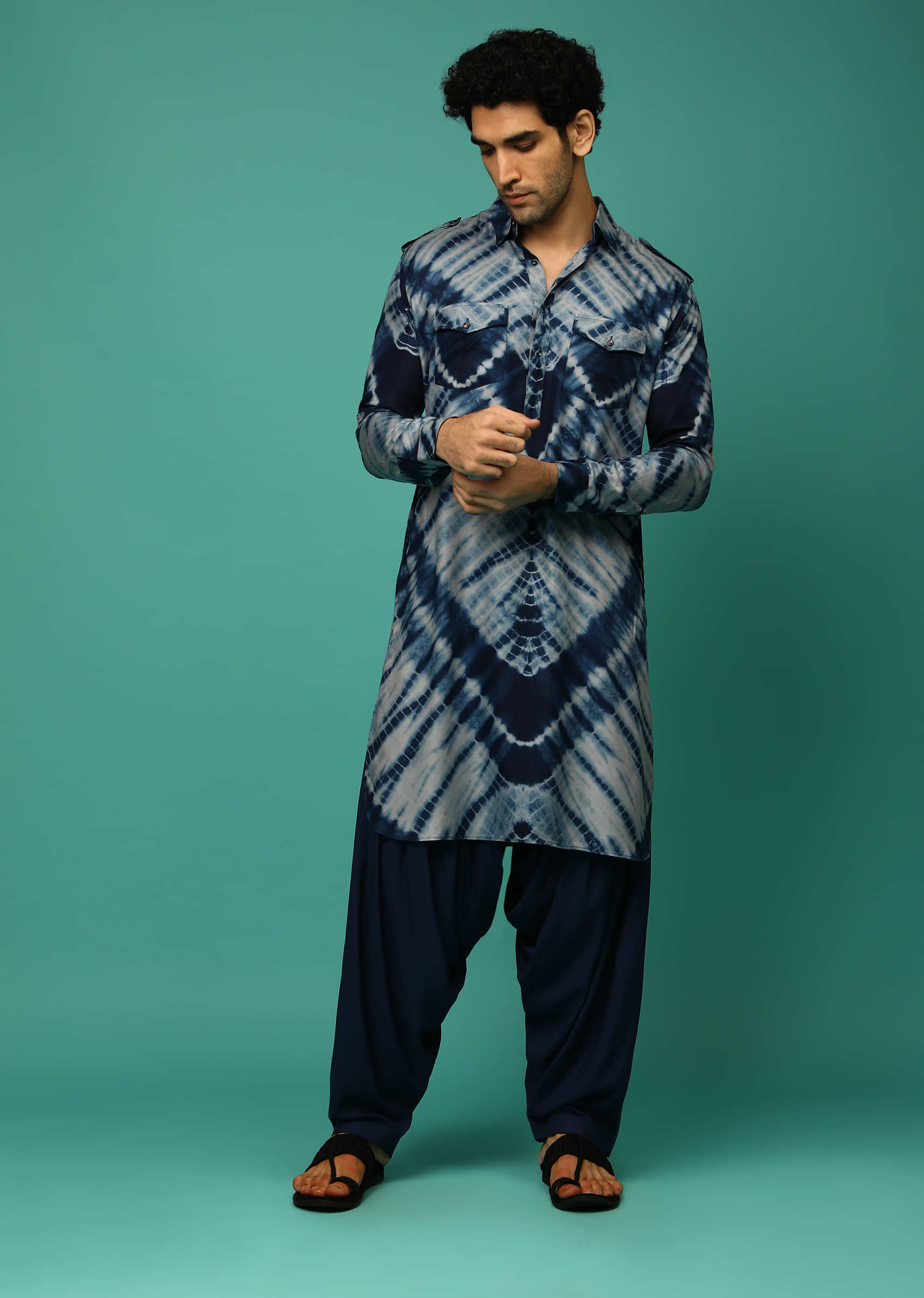 Navy Blue Patiala Suit With Tie Dye Print And Pocket Detailing Online - Kalki Fashion