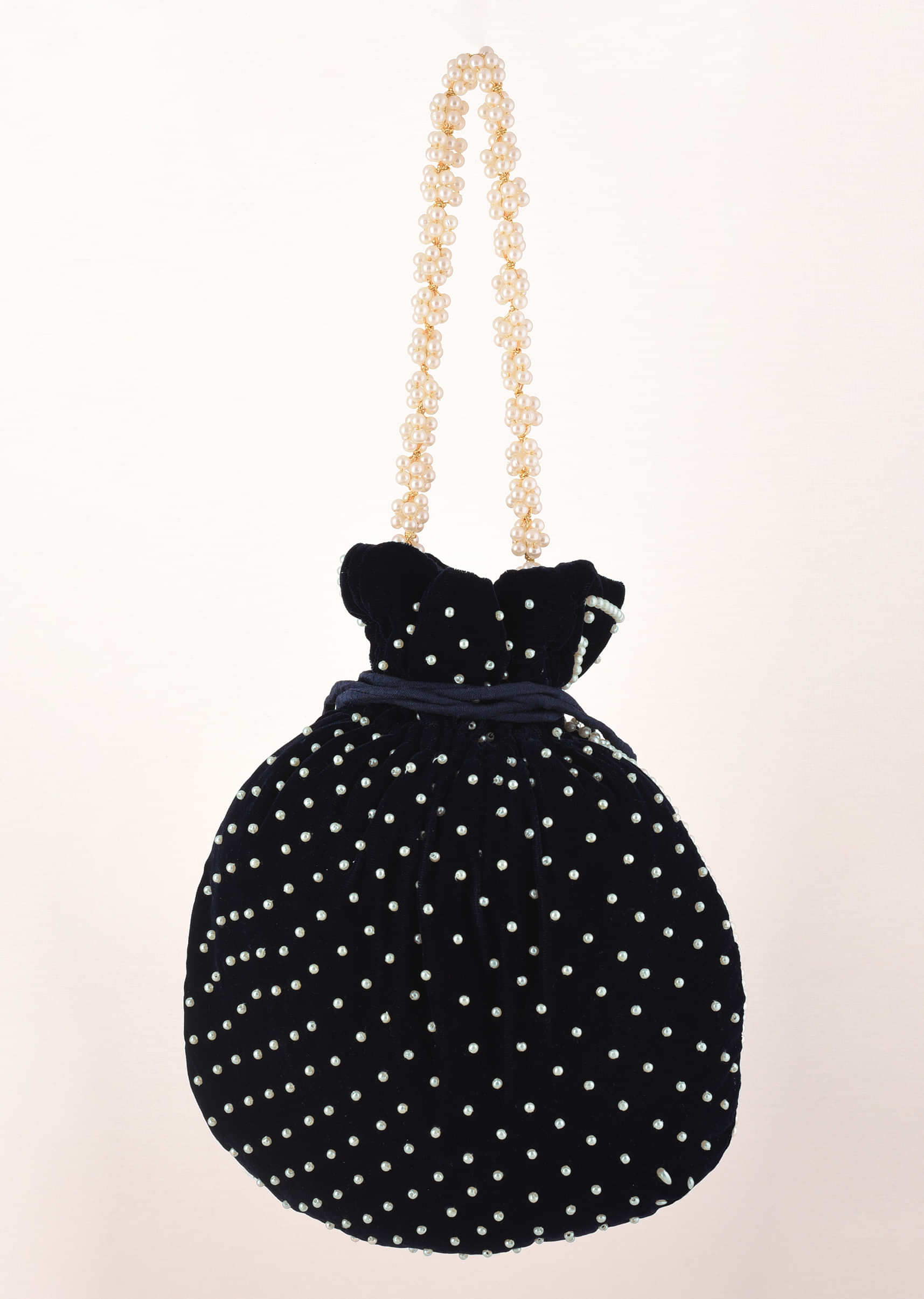 Navy Blue Potli Bag In Velvet With Moti Work In Crescent Design Along The Edge And Scattered In The Centre By Shubham