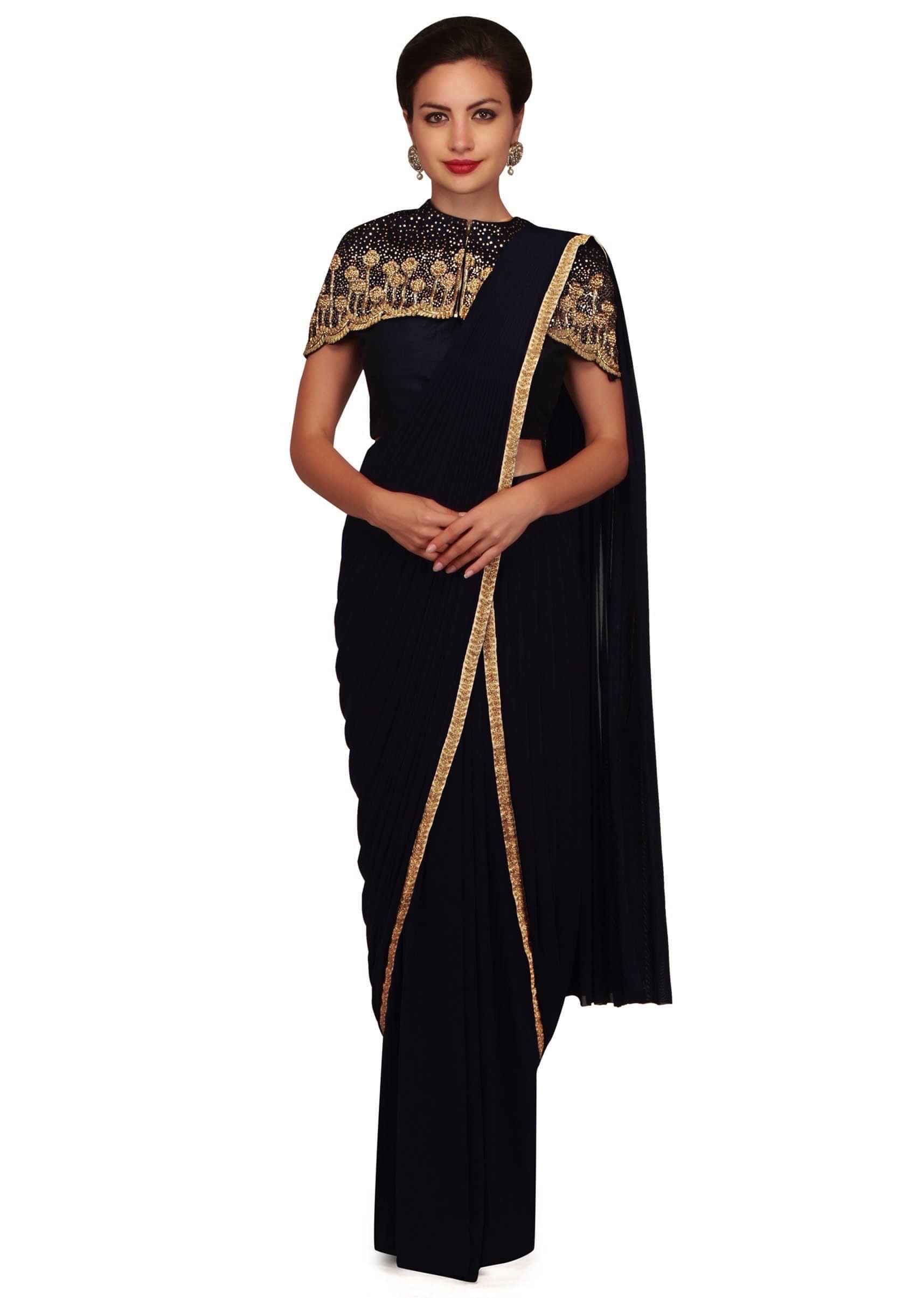 Navy Blue Pre Stitched Saree With Fancy Cape Online - Kalki Fashion