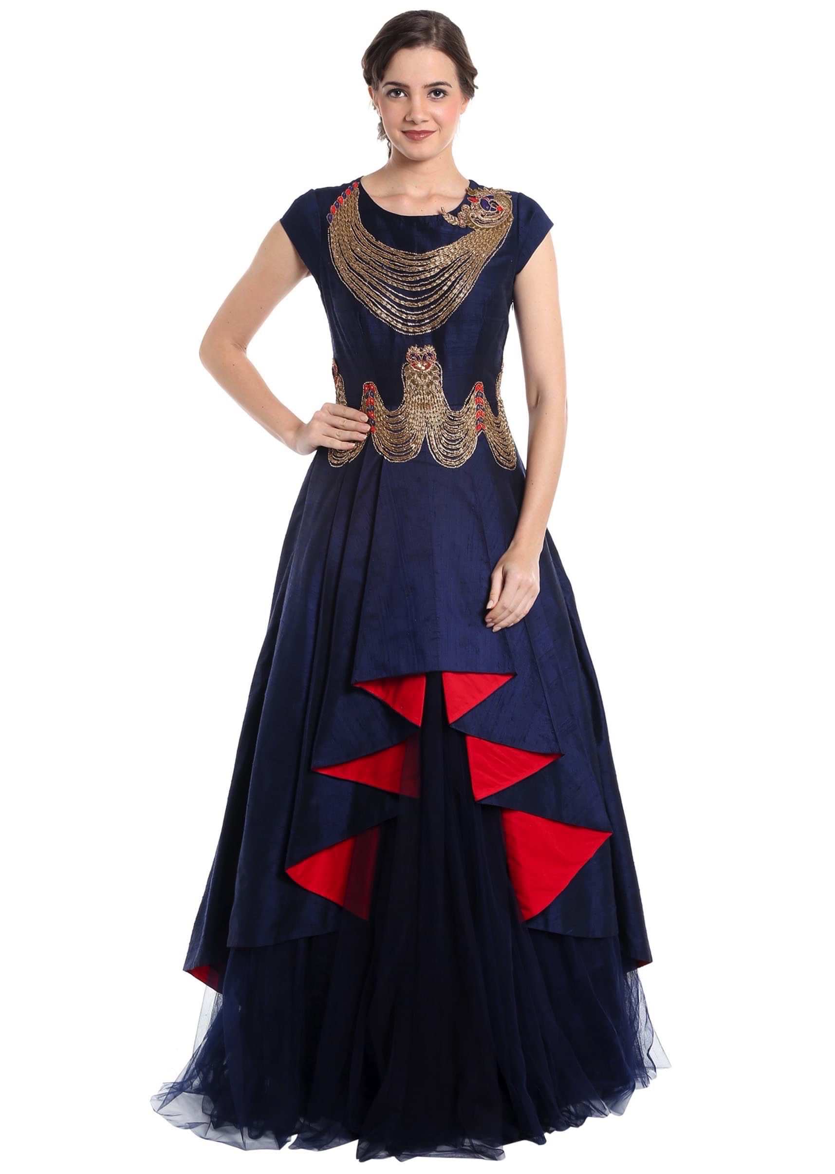 Navy blue raw silk and net gown with zari work and cascading hemline only on Kalki