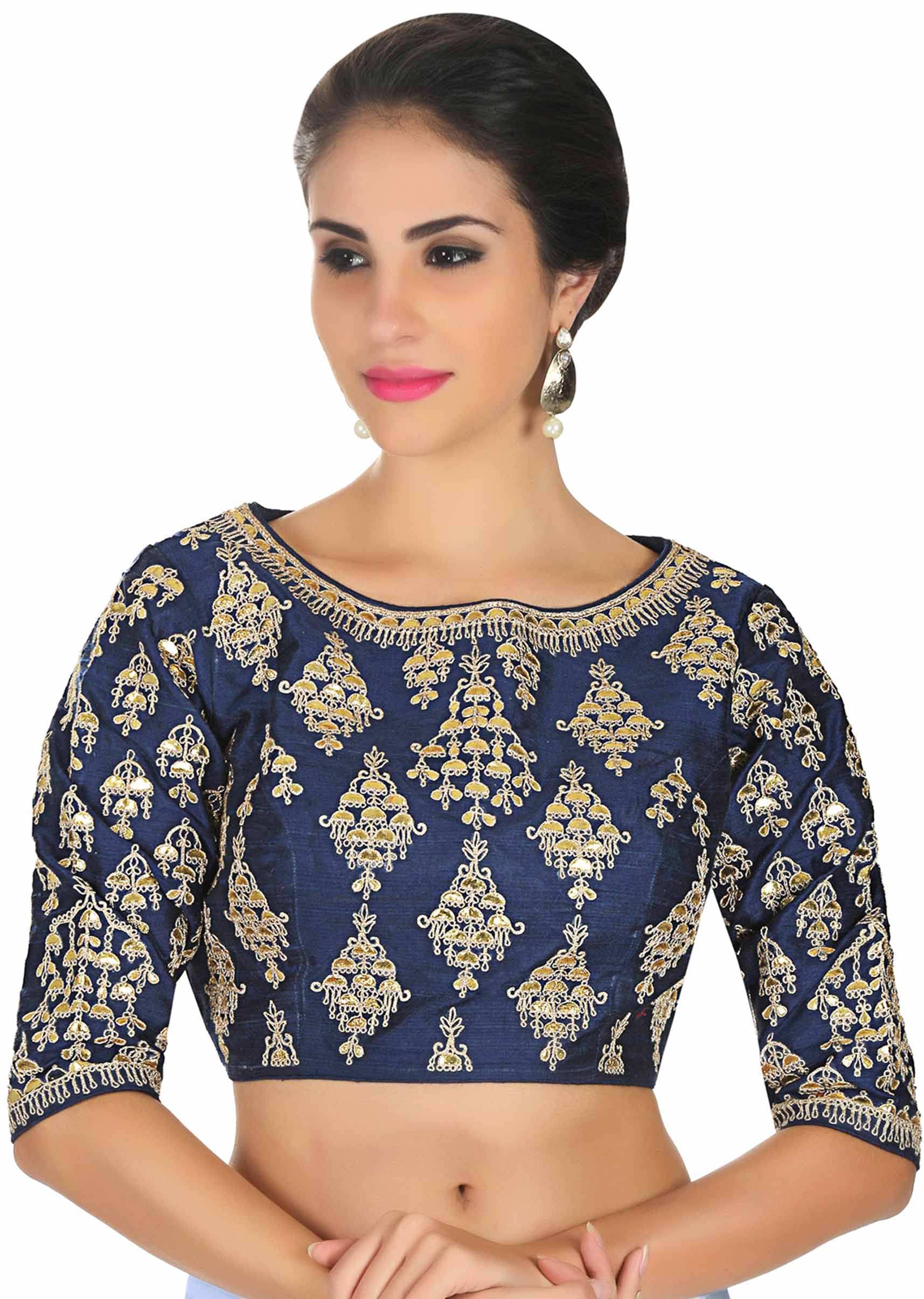 Navy blue raw silk blouse in gotta patch and zari butti only on Kalki