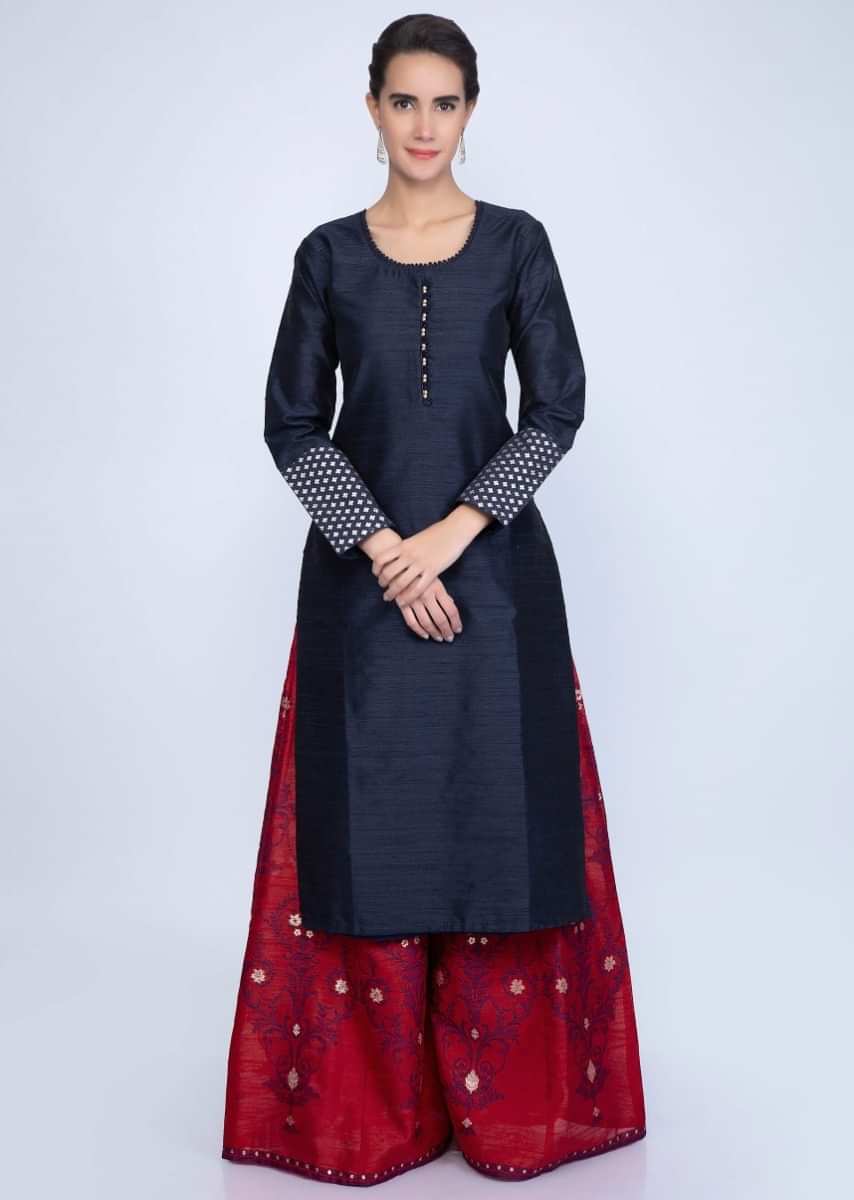 Navy Blue Kurti In Raw Silk With Contrasting Red Palazzo In Weaved Embroidery Online - Kalki Fashion