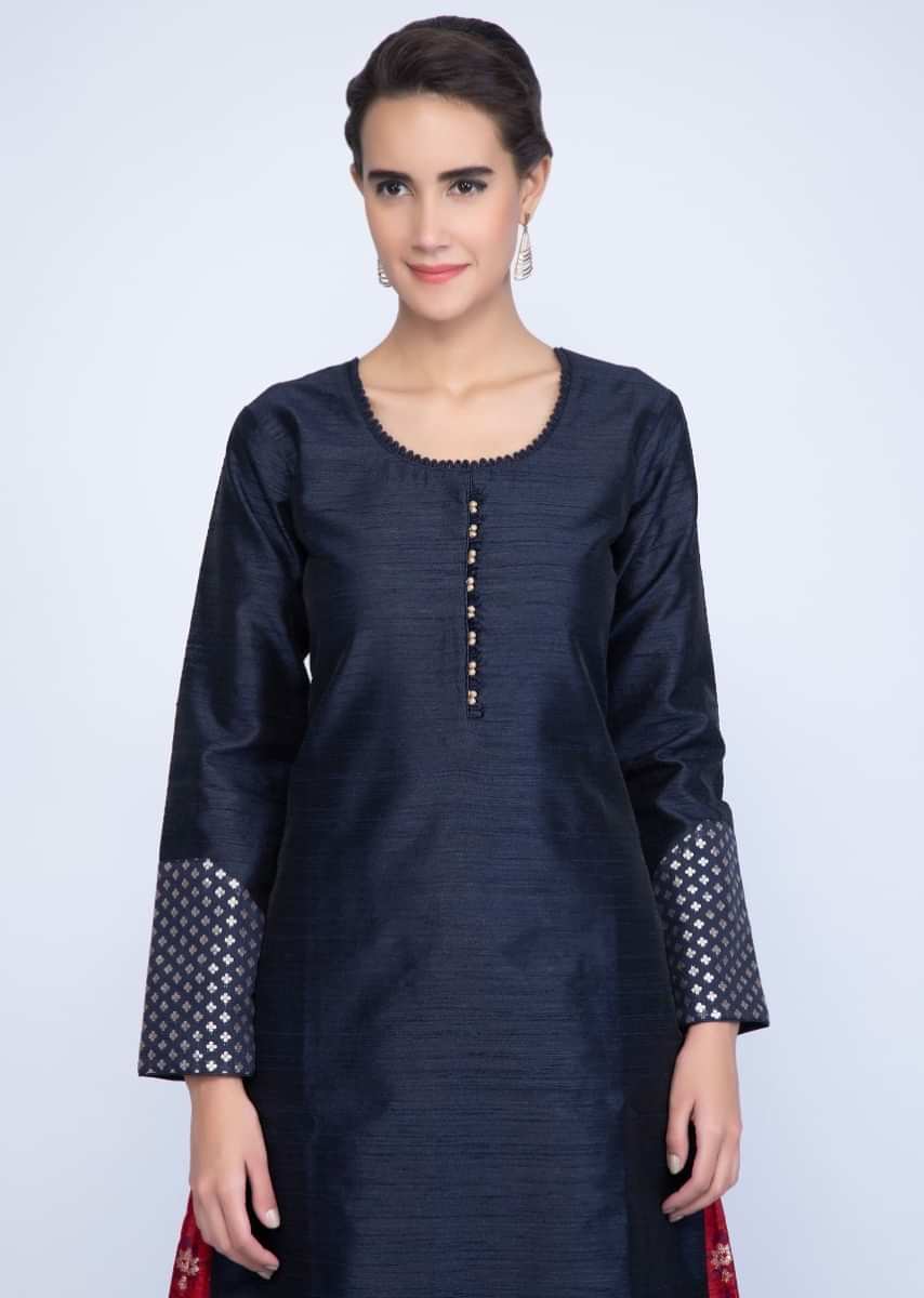 Buy Navy Blue Kurti In Raw Silk With Contrasting Red Palazzo In Weaved ...