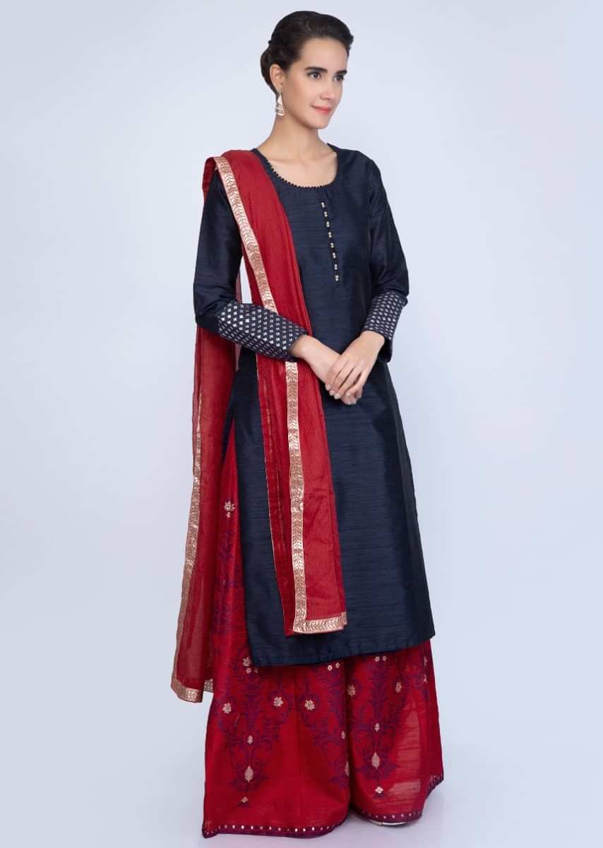 Navy Blue Kurti In Raw Silk With Contrasting Red Palazzo In Weaved Embroidery Online - Kalki Fashion