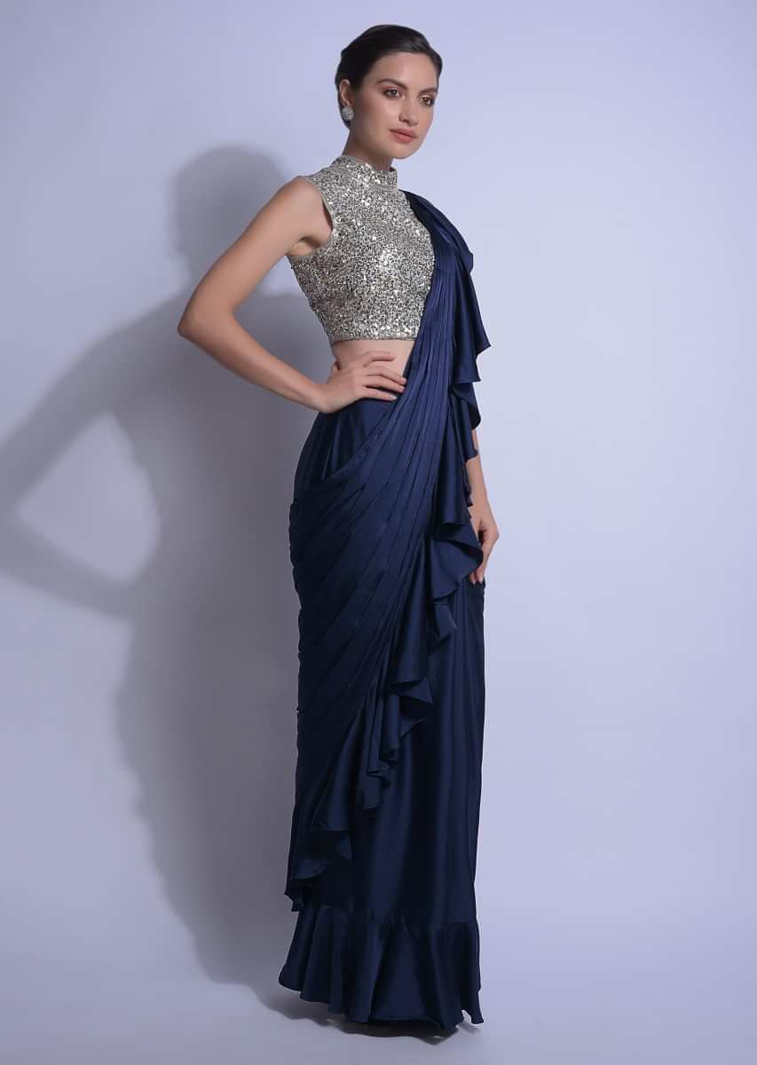 Buy Navy Blue Ready Pleated Ruffle Saree In Satin With Sequins ...