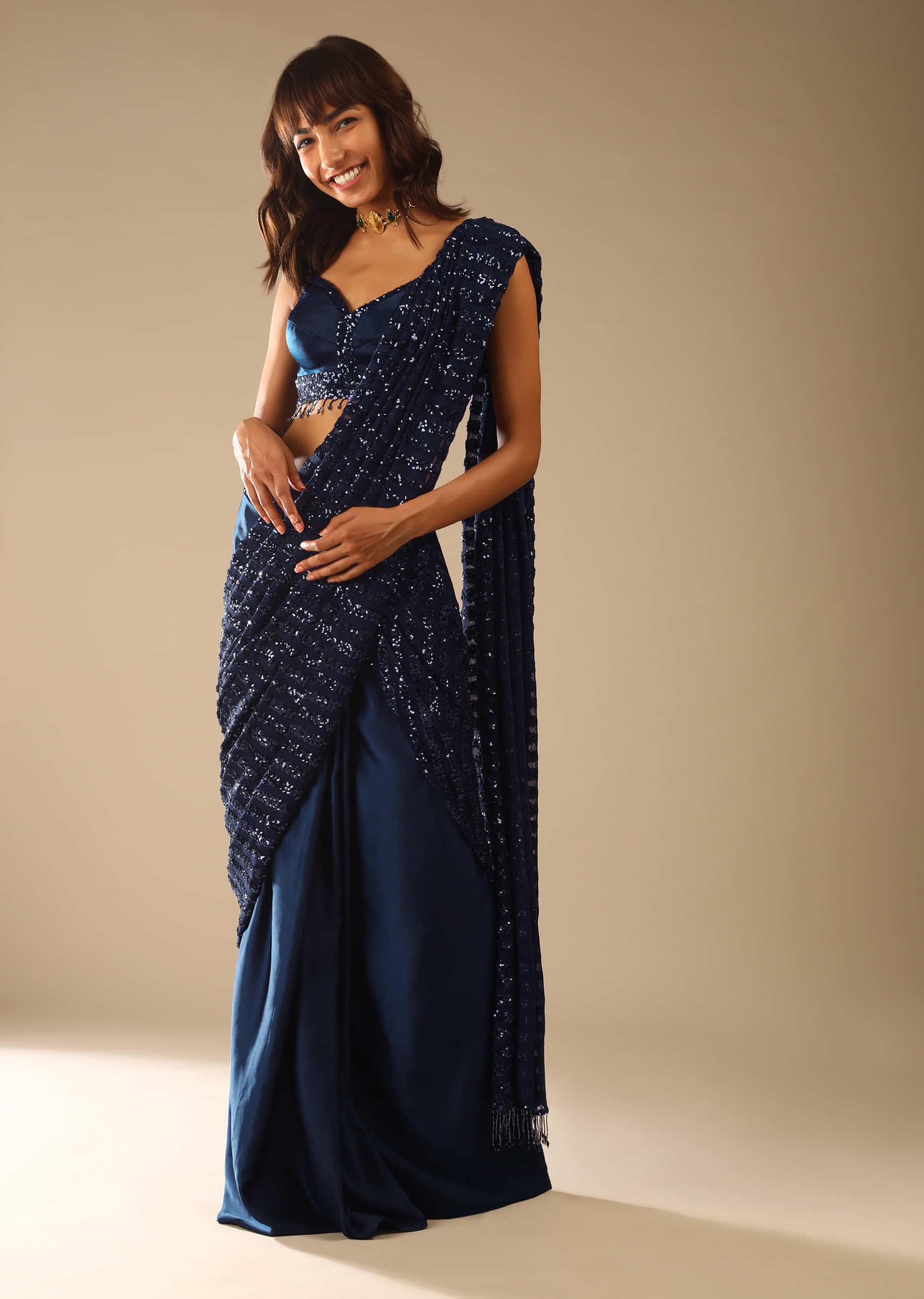 Navy Blue Ready Pleated Saree In Satin With Striped Sequins Pallu And A Sweetheart Neck Blouse With Bead Fringes Online - Kalki Fashion