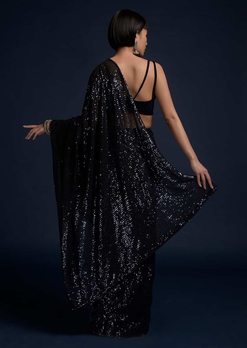 Navy Blue Ready Pleated Saree Embellished In Sequins And Velvet Crop Top With Double Straps On The Shoulders  