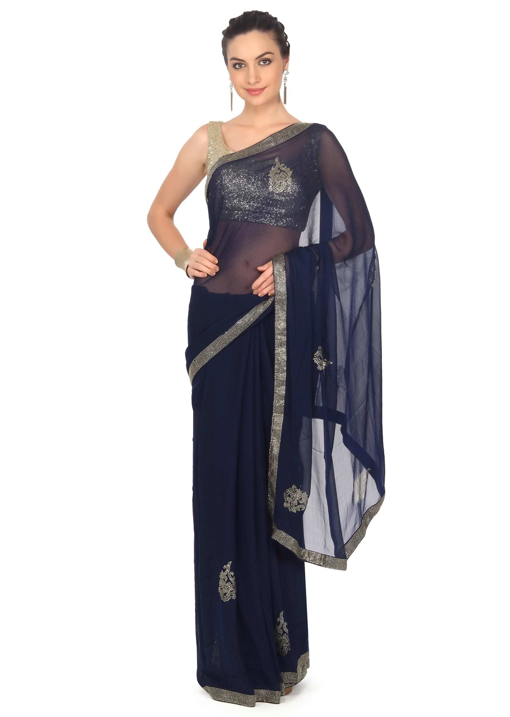Navy Blue Saree With Kundan Embroidery Online - Kalki Fashion