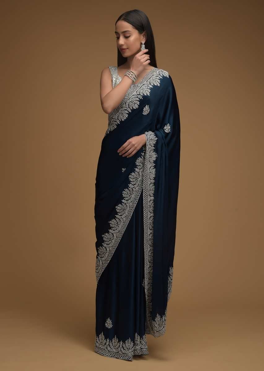 Navy Blue Saree In Chiffon Satin With Hand Embroidered Cut Dana Work Along With Unstitched Blouse  