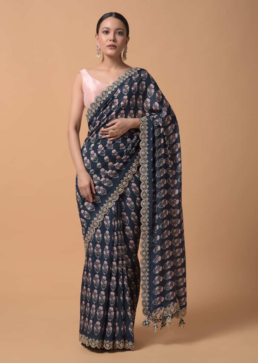 Navy Blue Saree With Floral Printed Buttis And Gotta Embroidered Border  