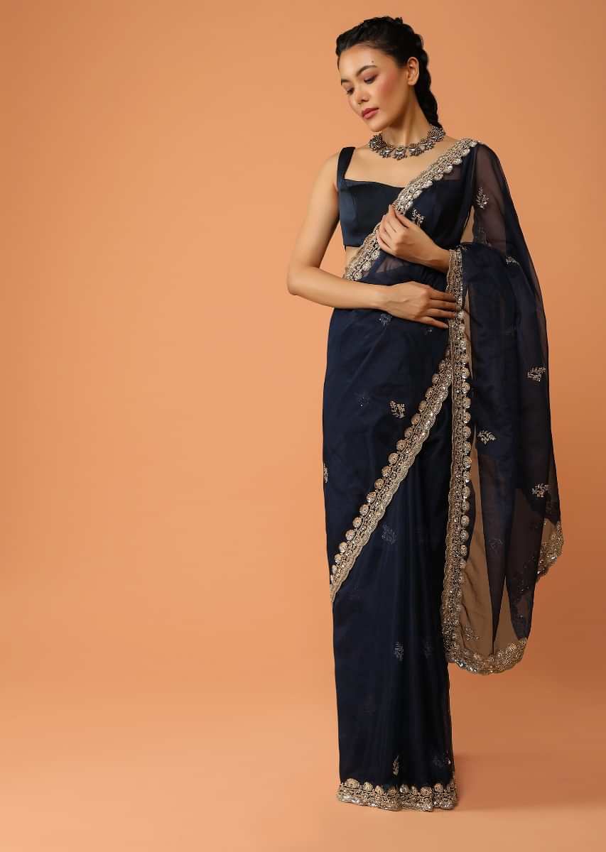 Navy Blue Saree In Organza With Sequins And Cut Dana Embroidered Floral Buttis And Border Design  
