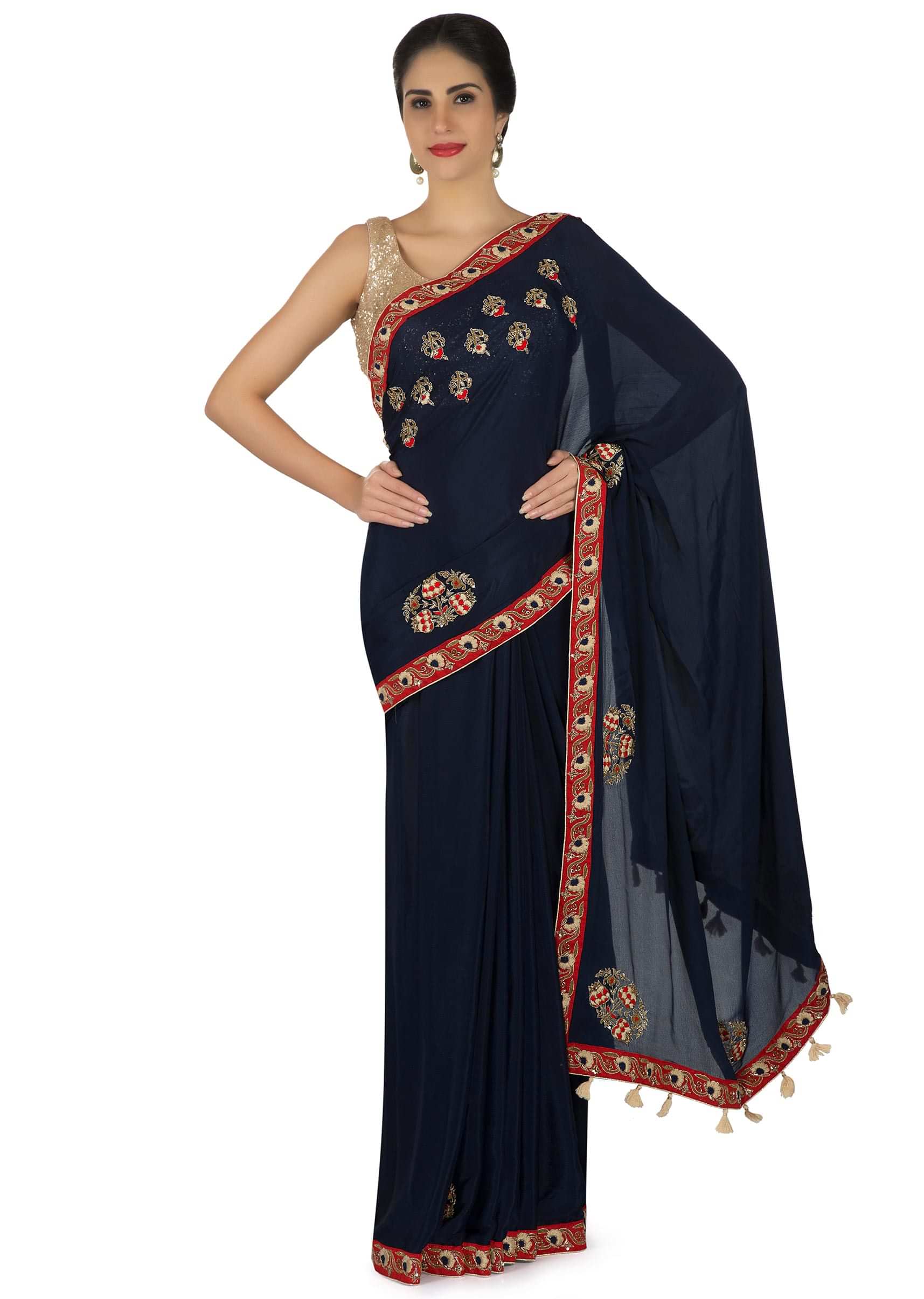 Navy blue saree in satin chiffon in resham and thread embroidered butti only on Kalki