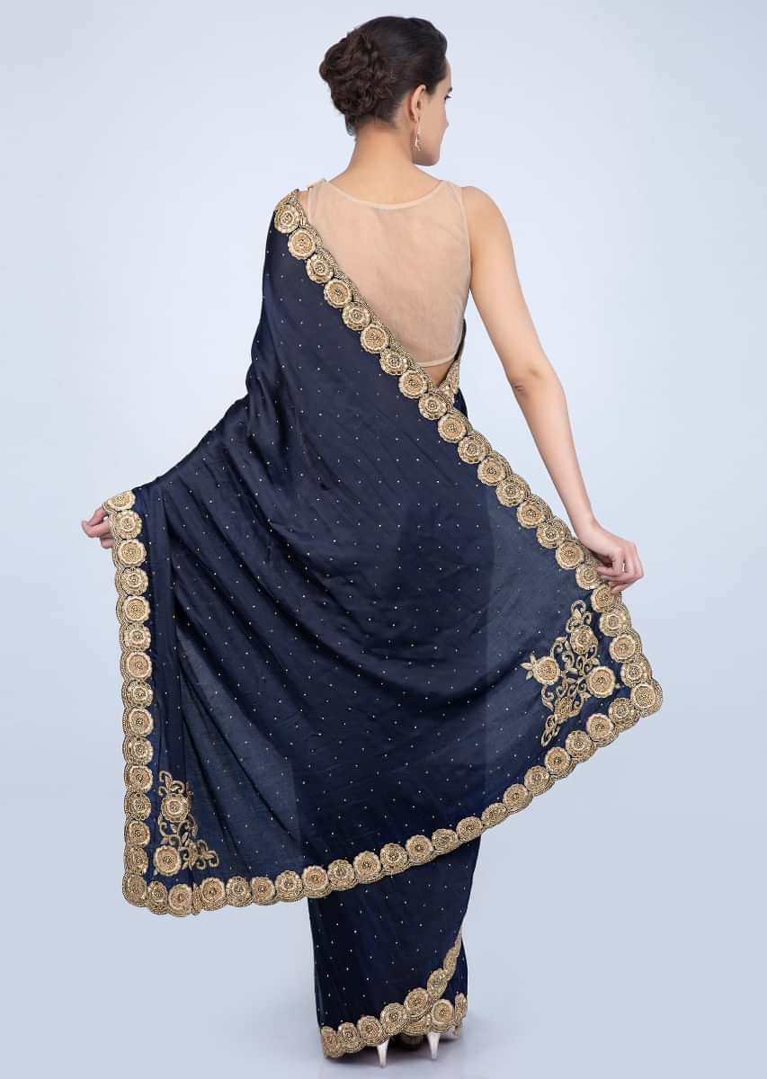 Navy Blue Saree Insatin Silk With Scallop Embroidered Border Online - Kalki Fashion