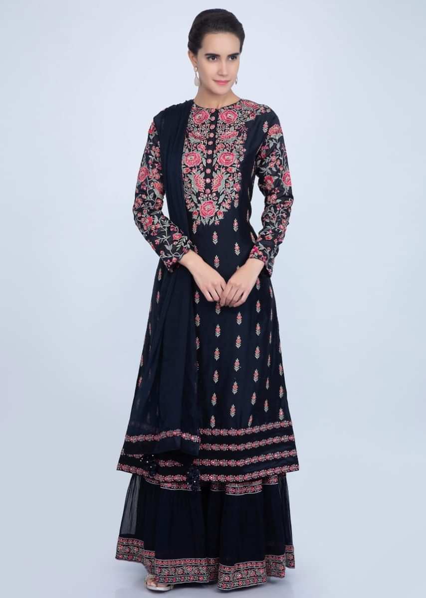 Navy Blue Sharara Suit Set In Multi Color Floral Embroidery Online - Kalki Fashion