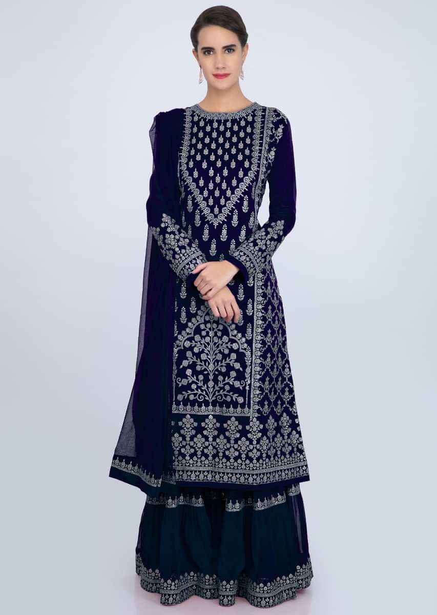 Buy Navy Blue Sharara Suit Set With Embroidery And Butti Online - Kalki ...