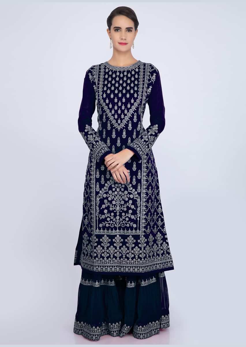 Navy Blue Sharara Suit Set With Embroidery And Butti Online - Kalki Fashion