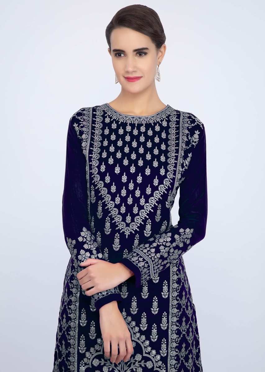 Navy Blue Sharara Suit Set With Embroidery And Butti Online - Kalki Fashion