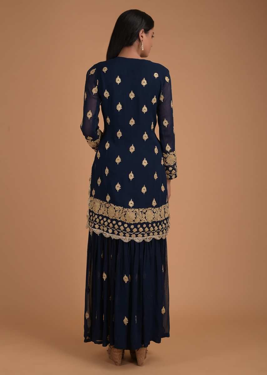 Navy Blue Sharara Suit With Zari Embroidered Buttis And Floral Border  