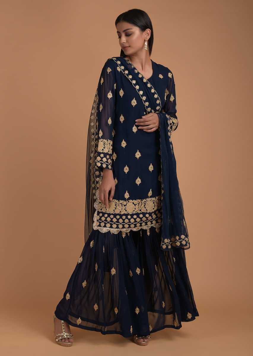 Navy Blue Sharara Suit With Zari Embroidered Buttis And Floral Border  