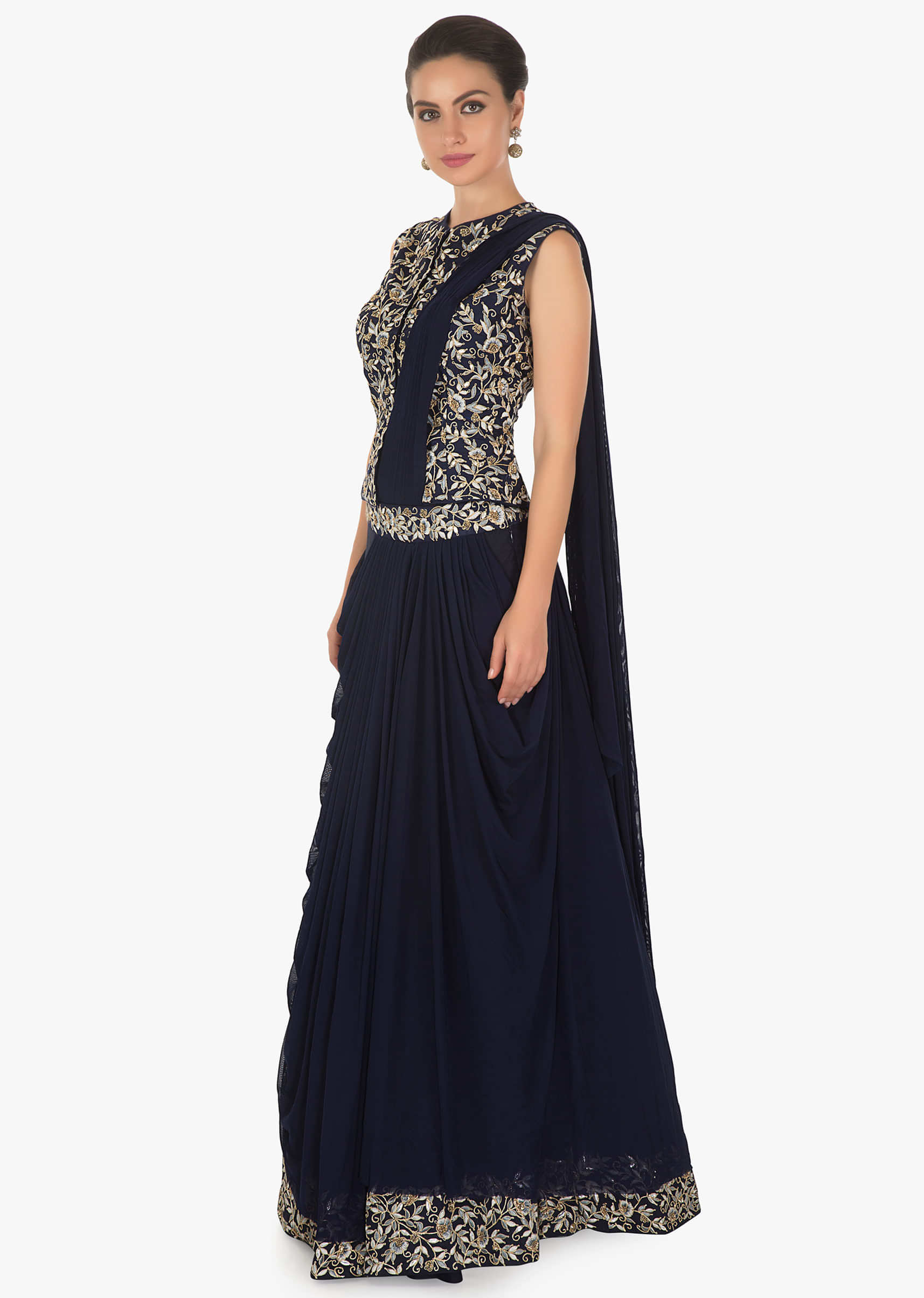 Navy blue silk lehenga with attached pre stitched dupatta only on kalki 