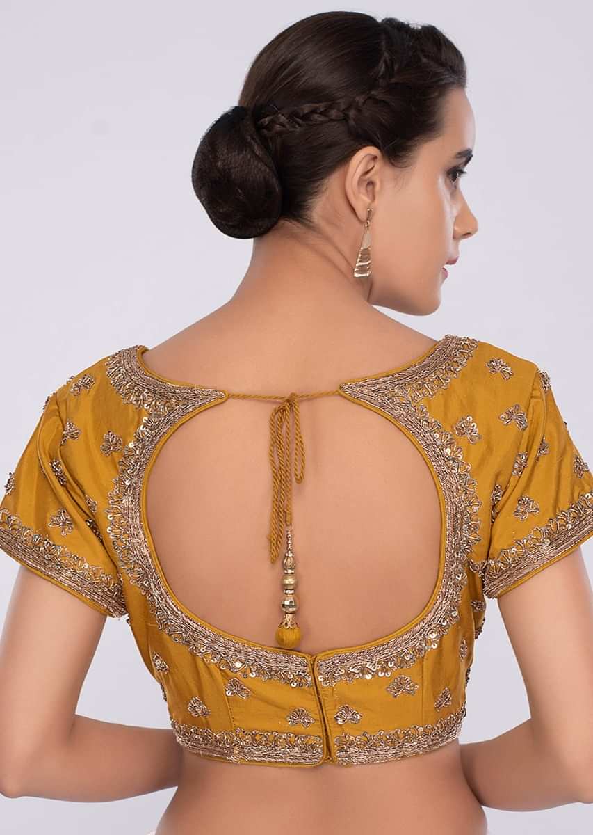Navy Blue Silk Saree With Embroidered Mustard Blouse Online - Kalki Fashion